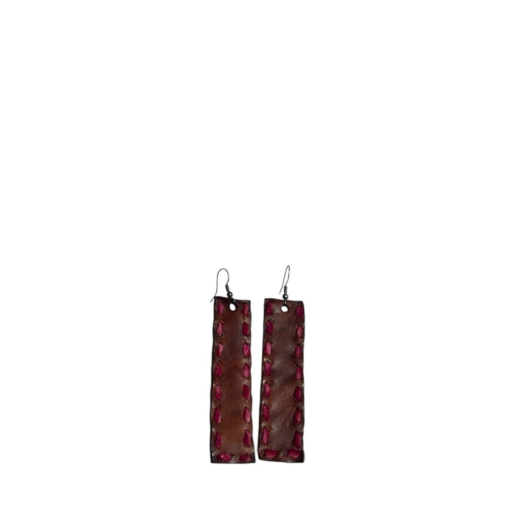 Pink whip stitch leather earrings